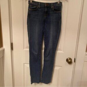 J BRAND JEANS BAYSIDE BLUE STRETCH DENIM SKINNY MID RISE FRAY ANKLES